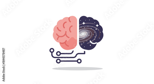 Conceptual illustration of a human brain divided into organic and cosmic elements, symbolizing artificial intelligence and consciousness.