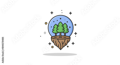 Whimsical floating island with pine trees inside a snow globe, representing a magical natural world.