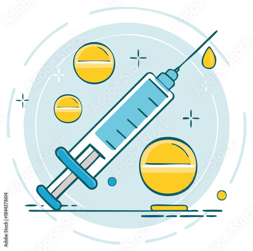 Medical syringe with pills concept illustration for healthcare and treatment