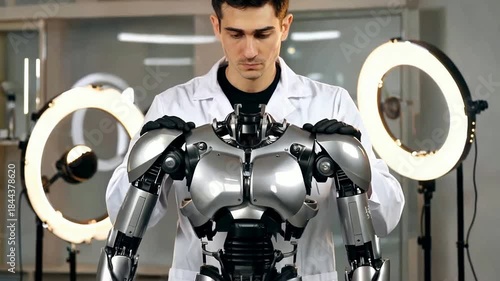 Scientist Assembling Advanced Robot in Laboratory Setting for Future Technology.