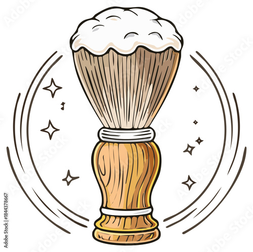 Illustrated shaving brush with foam and sparkle elements.