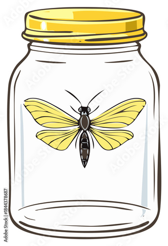 Illustration of a jar with a yellow butterfly inside, isolated on white