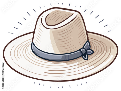 Cartoon style illustration of a light colored straw sun hat with a dark blue ribbon and bow
