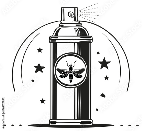 Silhouette illustration of insect spray can with moth on a label and stars around, black and white