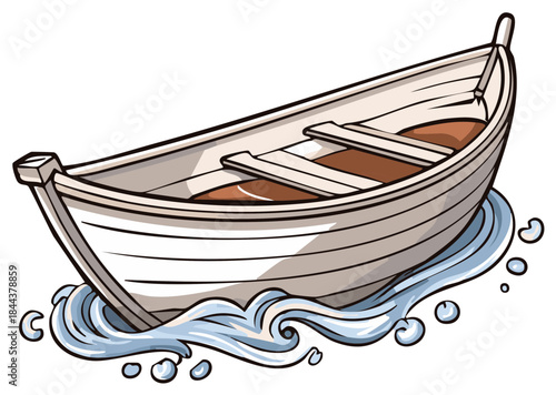 White wooden rowboat floating on stylized blue waves cartoon illustration