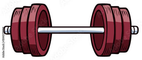 Cartoon illustration of a dumbbell with burgundy weight plates for fitness and exercise