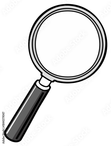 Simple magnifying glass with a black handle and metallic rim on a white background