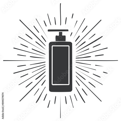 Hand-drawn pump bottle silhouette with radial sunburst, emphasizing cleanliness and hygiene concept