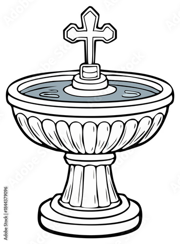 Cartoon illustration of a stone baptismal font with a cross and water.