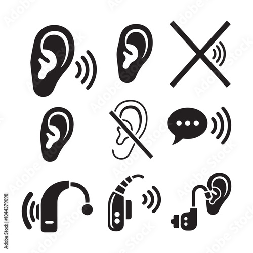  Vector Ears, deafness and listening symbol icons set
