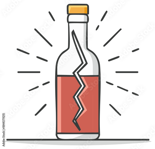 Cracked Bottle with Red Liquid Icon Symbolizing Alcoholism Problem and Sobriety