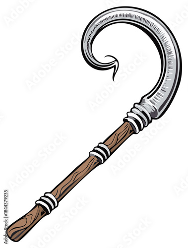 Stylized shepherd's crook with curved metallic head and wooden shaft. Traditional staff or walking stick.