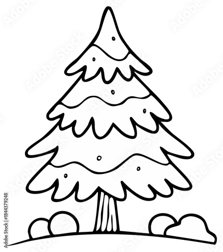 Simple line art illustration of a stylized evergreen tree with snowballs at its base.