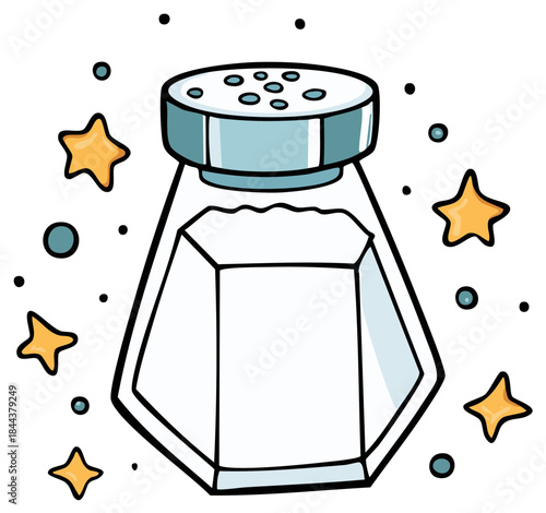 Stylized clear salt shaker with blue lid on white background with stars and dots