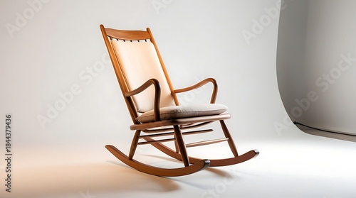 professional photo of a wooden rocking chair with curved runners and a cushioned seat, featuring a smooth finish, isolated on a pure white background, illuminated by soft natural studio lighting.