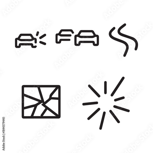  Vector Traffic accident. Line icon set of Traffic accident: car crash, two cars, skid marks, broken glass, impact explosion black icon