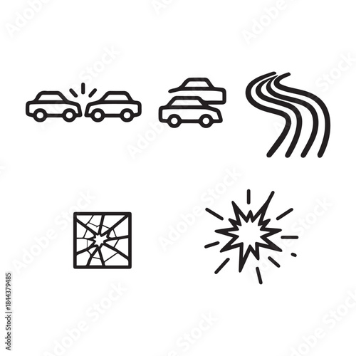  Vector Traffic accident. Line icon set of Traffic accident: car crash, two cars, skid marks, broken glass, impact explosion black icon