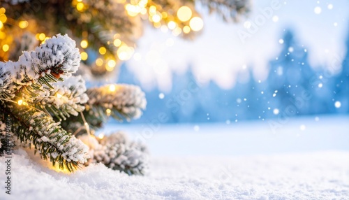Snow-covered Christmas tree branches with festive golden lights in winter. Blurry snowy forest background with falling snowflakes and bokeh.