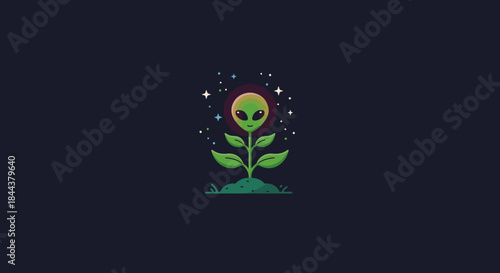 Whimsical alien sprouts from the earth as a vibrant plant under a starry celestial sky.
