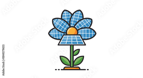 A stylized flower with solar panels for petals and leaves symbolizes renewable energy and sustainable growth.