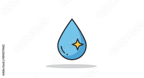 A clean blue water droplet with a sparkling star symbol, representing purity and refreshment on a white background.
