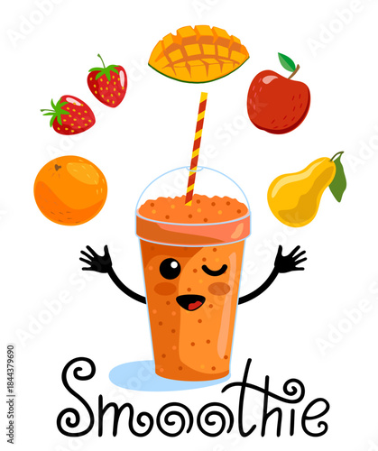 Cute cartoon fruit smoothie in cup. Fresh summer juice. Cartoon fruits with mug. Drinking menu, healthy vegan lifestyle illustration