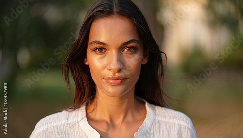 Portrait of a modern woman against a neutral background in the city