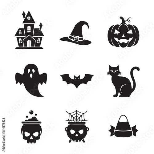 Vector holidays halloween item black icons set