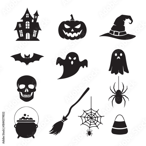 Vector holidays halloween item black icons set
