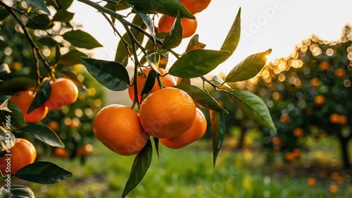 Ripe oranges hanging on a tree branch in a sunny orchard, close-up view with blurred background