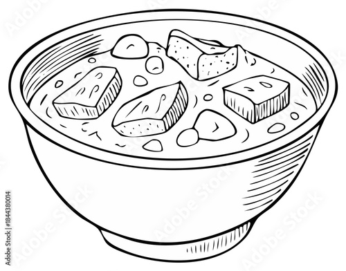 Hand drawn sketch of a bowl of hearty stew with chunks of meat and vegetables