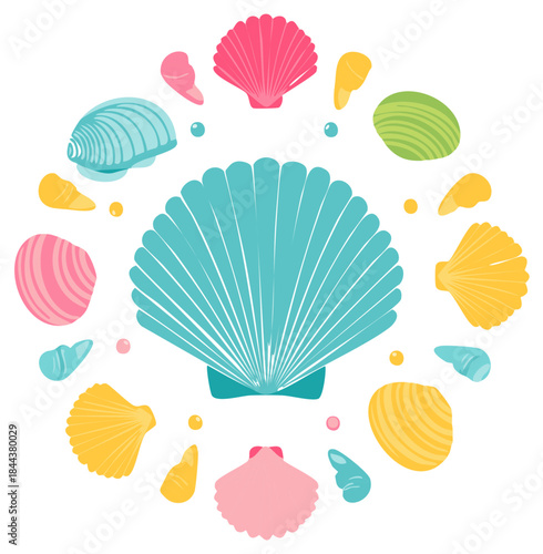 Colorful Seashell Circle Pattern with Pastel Shades on White, featuring Various Shells and Pearls