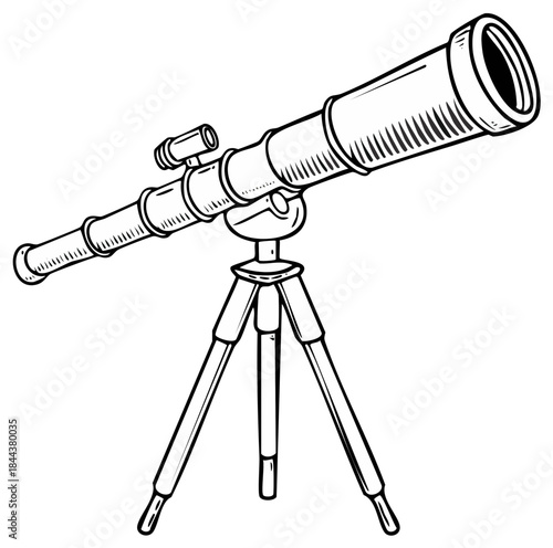 Illustration of a classic telescope on a tripod for astronomical observation in black and white.