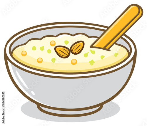 Cartoon illustration of a healthy breakfast bowl of creamy oatmeal porridge with almonds