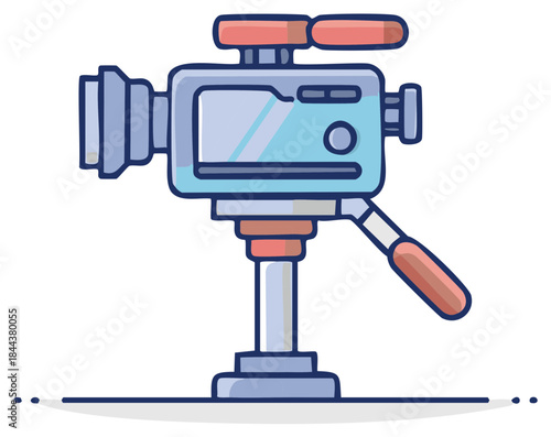 Stylized cartoon illustration of a professional video camera on a tripod for filmmaking and media production