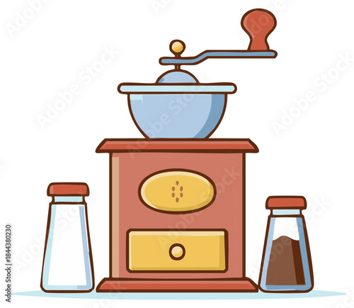Traditional coffee grinder illustration with glass bottles containing spices like salt and pepper cartoon vector.