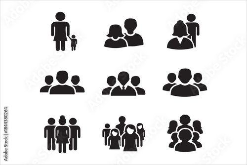 Vector People group black icons set , User profile symbol , family symbol , group of users collection , Office workers , Persons symbol  , Playing childrens , lots of people gathering