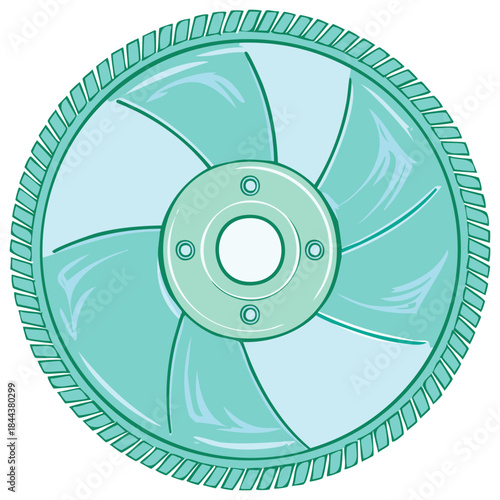 Illustration of aqua turbine fan blade, mechanical object with central round ring and bolts, industrial device, rotating propeller, mechanical part, machine equipment