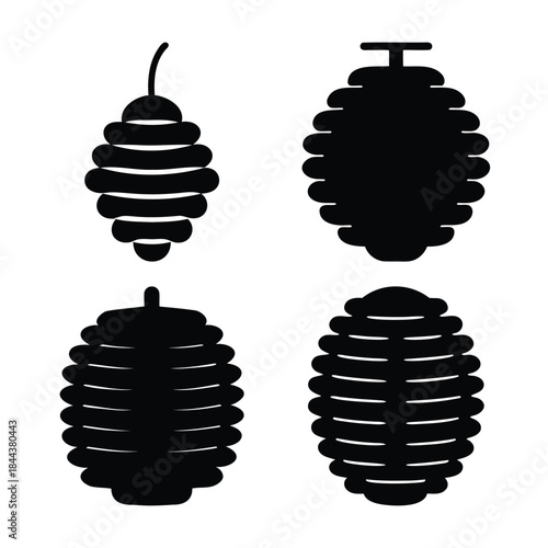 Beehive and wasp nest collection of black vector icons set.