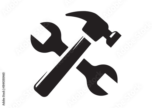 hammer and wrench logo silhouette vector, hand tool logo silhouette illustration, construction equipment logo, repair service wrench crossed over a hammer logo silhouettes vector on white background 