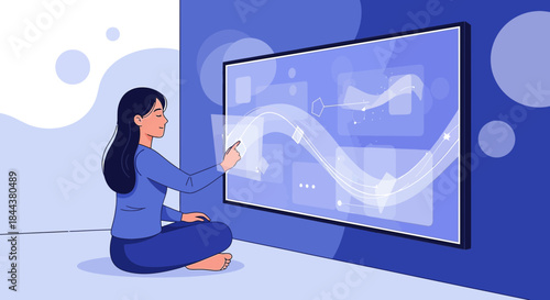 Woman interacts with interactive display presenting dynamic data and visualizations for analysis