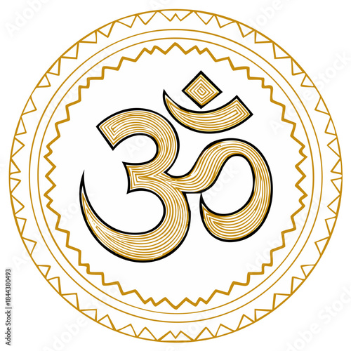 Stylized Om Aum symbol in decorative golden circle for meditation and spiritual concepts