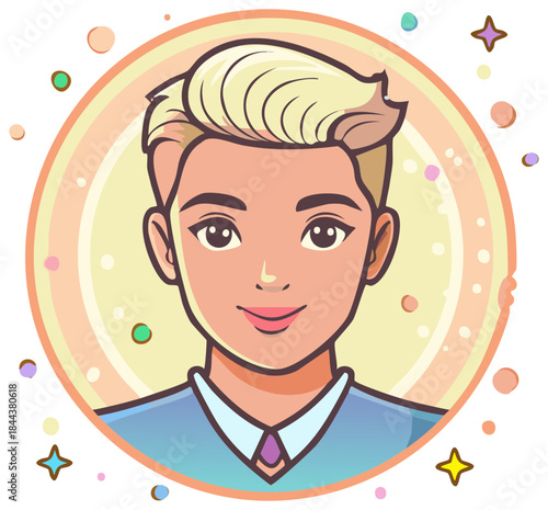 Cartoon Stylish Blond Man Portrait with Jacket Tie in Circle Border with Stars