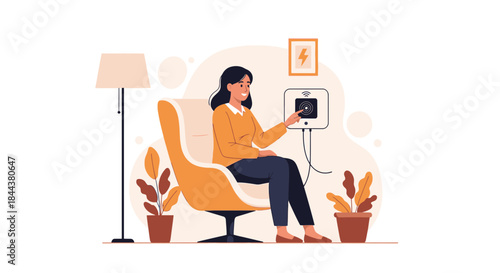 Woman managing smart home controls from her chair with sleek vector illustration style