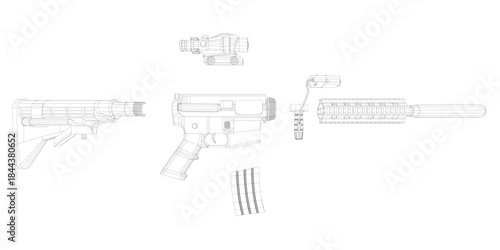 Detailed blueprint of an rifle, presented as a disassembled wireframe diagram with labeled parts. This automatic weapon set is isolated on a clean white background for technical use.