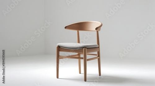 Wallpaper Mural Modern Scandinavian wooden chair, smooth oak frame, curved backrest, soft fabric seat cushion, isolated on a white surface with clean white background, studio softbox lighting. Torontodigital.ca