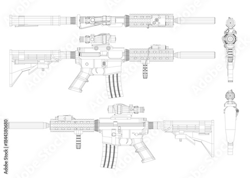 Detailed blueprint of an automatic rifle, presented as a technical wireframe drawing on a clean white background. This weapon set illustration clearly displays all mechanical components.