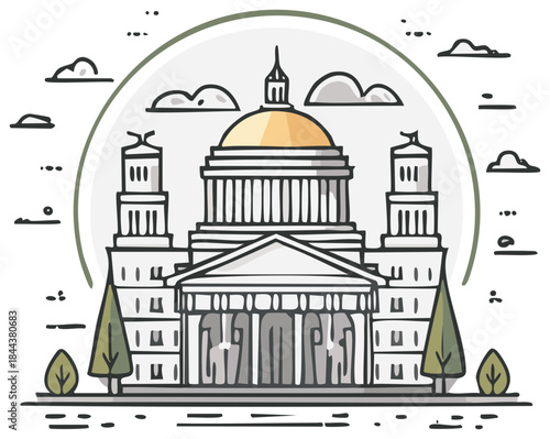 Capitol building illustration with dome and colonnade in modern cartoon style