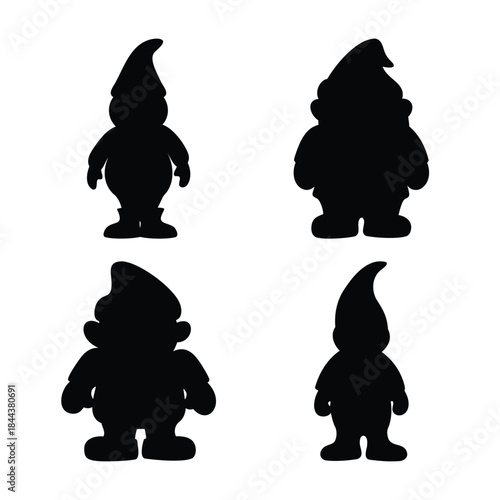 Four garden gnome or dwarf character silhouettes icon set