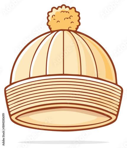 Cute light yellow knitted winter hat with pompom and striped brim